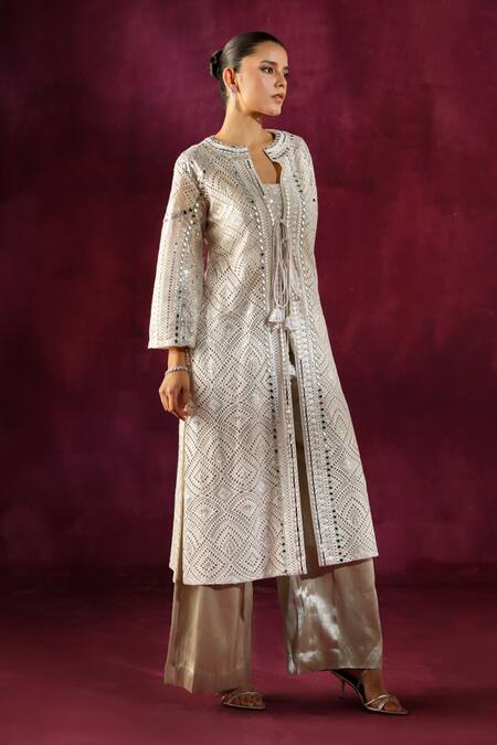 Shop Twenty Nine Green Lace Lace, Mirrors Open Neck Geometric Embroidered Long Jacket Online at Aza Fashions Shop_Twenty Nine_Green Lace Lace, Mirrors Open Neck Geometric Embroidered Long Jacket _Online_at_Aza_Fashions