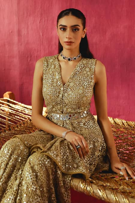 Twenty Nine_Green Lace Lace, Mirrors V-neck Floral Embroidered Peplum Tunic _Online_at_Aza_Fashions