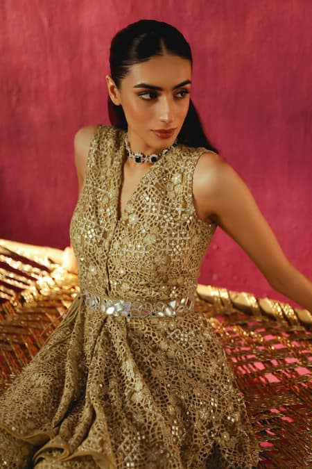 Buy_Twenty Nine_Green Lace Lace, Mirrors V-neck Floral Embroidered Peplum Tunic _Online_at_Aza_Fashions