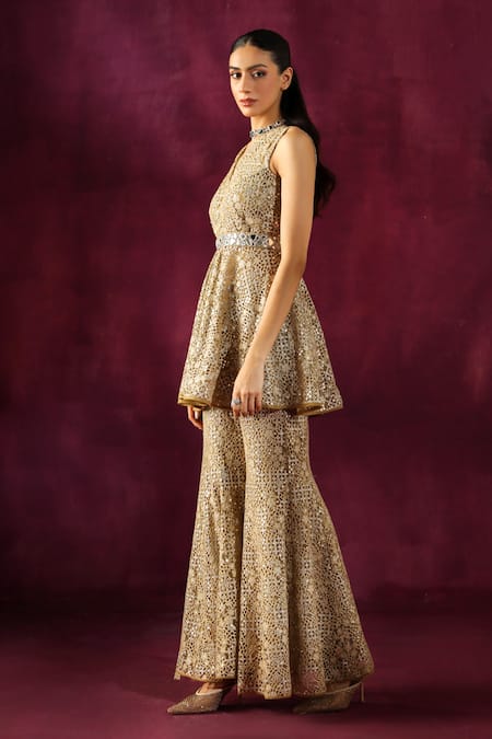 Shop_Twenty Nine_Green Lace Lace, Mirrors V-neck Floral Embroidered Peplum Tunic _Online_at_Aza_Fashions