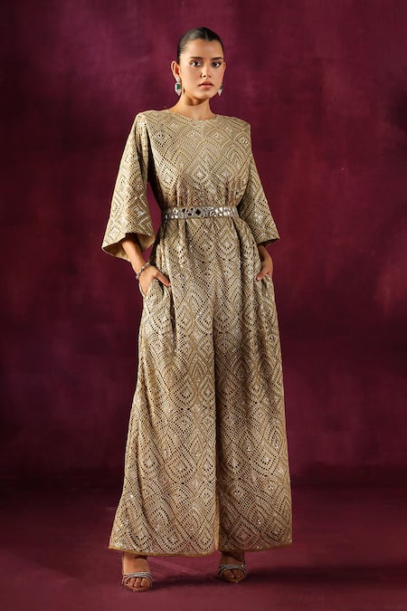 Twenty Nine Grey Lace Embroidery, Mirrors Round Neck Hand Jumpsuit With Belt Online at Aza Fashions Twenty Nine_Grey Lace Embroidery, Mirrors Round Neck Hand Jumpsuit With Belt _Online_at_Aza_Fashions