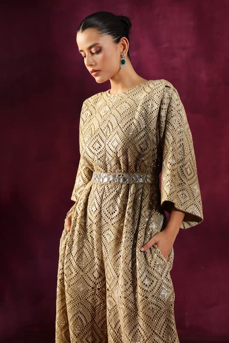 Buy Twenty Nine Grey Lace Embroidery, Mirrors Round Neck Hand Jumpsuit With Belt Online at Aza Fashions Buy_Twenty Nine_Grey Lace Embroidery, Mirrors Round Neck Hand Jumpsuit With Belt _Online_at_Aza_Fashions