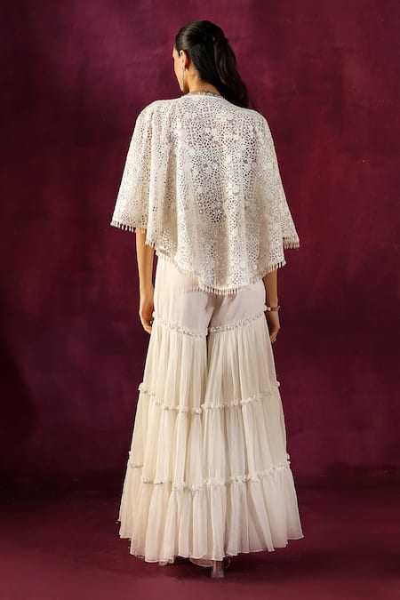 Shop Twenty Nine White Lace Embroidery, Mirrors Open Neck Floral Cape Jacket at Aza Fashions Shop_Twenty Nine_White Lace Embroidery, Mirrors Open Neck Floral Cape Jacket _at_Aza_Fashions