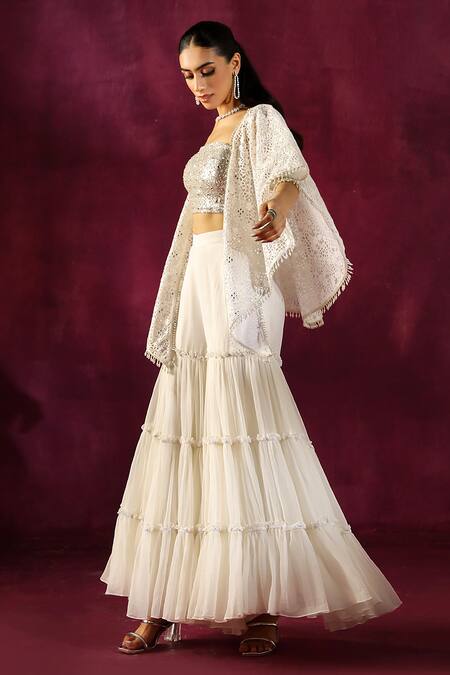 Twenty Nine White Lace Embroidery, Mirrors Open Neck Floral Cape Jacket Online at Aza Fashions Twenty Nine_White Lace Embroidery, Mirrors Open Neck Floral Cape Jacket _Online_at_Aza_Fashions