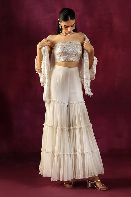 Buy Twenty Nine White Lace Embroidery, Mirrors Open Neck Floral Cape Jacket Online at Aza Fashions Buy_Twenty Nine_White Lace Embroidery, Mirrors Open Neck Floral Cape Jacket _Online_at_Aza_Fashions