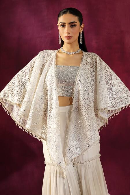 Shop Twenty Nine White Lace Embroidery, Mirrors Open Neck Floral Cape Jacket Online at Aza Fashions Shop_Twenty Nine_White Lace Embroidery, Mirrors Open Neck Floral Cape Jacket _Online_at_Aza_Fashions