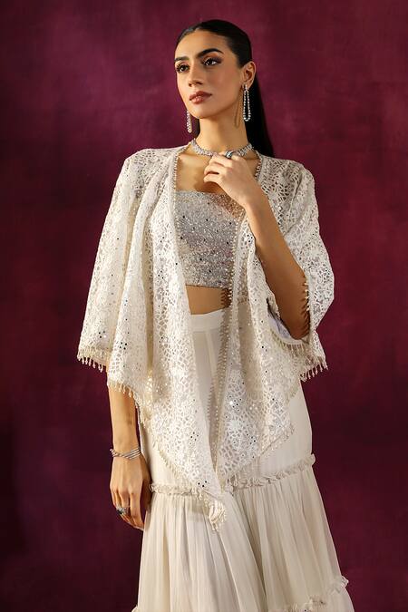 Twenty Nine White Lace Embroidery, Mirrors Open Neck Floral Cape Jacket at Aza Fashions Twenty Nine_White Lace Embroidery, Mirrors Open Neck Floral Cape Jacket _at_Aza_Fashions