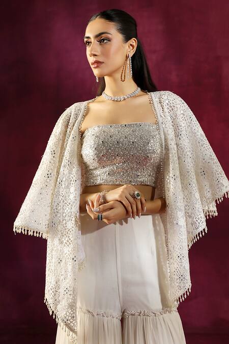 Buy Twenty Nine White Lace Embroidery, Mirrors Open Neck Floral Cape Jacket Buy_Twenty Nine_White Lace Embroidery, Mirrors Open Neck Floral Cape Jacket