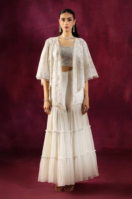 Shop Twenty Nine White Lace Embroidery, Mirrors Open Neck Floral Cape Jacket Shop_Twenty Nine_White Lace Embroidery, Mirrors Open Neck Floral Cape Jacket