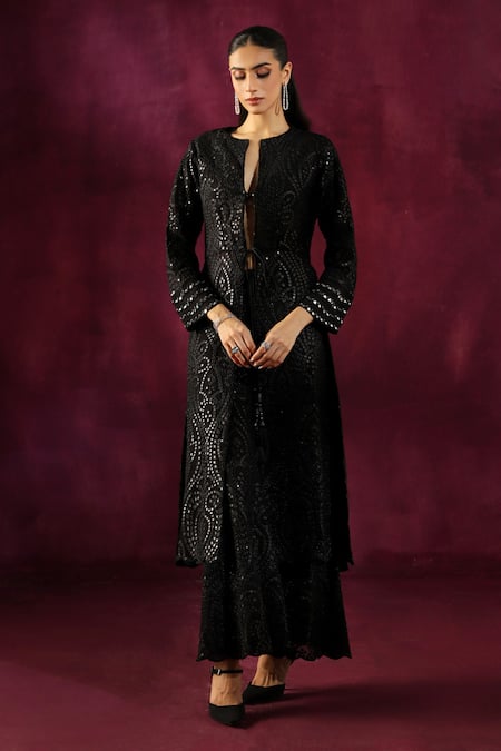 Twenty Nine Black Georgette Embroidery Mirror Work Flared Palazzo 