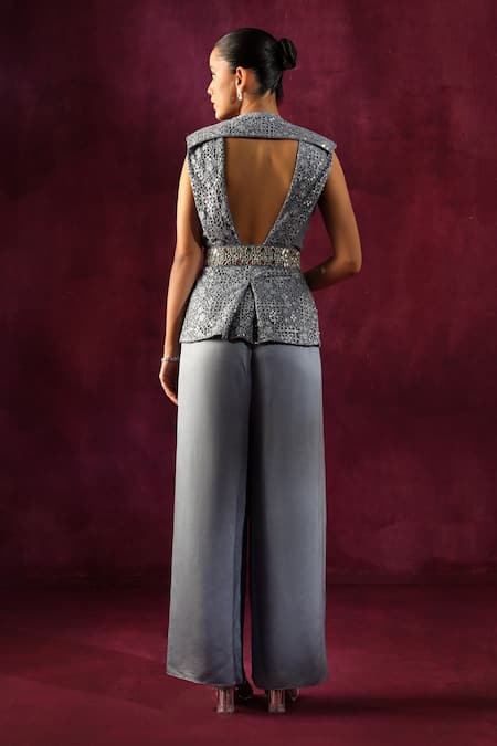 Shop Twenty Nine Grey Muslin Mirrors Embellished Wrap Around Pant at Aza Fashions Shop_Twenty Nine_Grey Muslin Mirrors Embellished Wrap Around Pant _at_Aza_Fashions