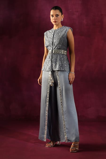 Twenty Nine Grey Muslin Mirrors Embellished Wrap Around Pant Online at Aza Fashions Twenty Nine_Grey Muslin Mirrors Embellished Wrap Around Pant _Online_at_Aza_Fashions