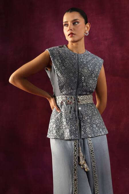 Buy Twenty Nine Grey Muslin Mirrors Embellished Wrap Around Pant Online at Aza Fashions Buy_Twenty Nine_Grey Muslin Mirrors Embellished Wrap Around Pant _Online_at_Aza_Fashions