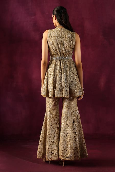 Shop Twenty Nine Green Flannel Embroidery Lace Bootcut Pant at Aza Fashions Shop_Twenty Nine_Green Flannel Embroidery Lace Bootcut Pant _at_Aza_Fashions