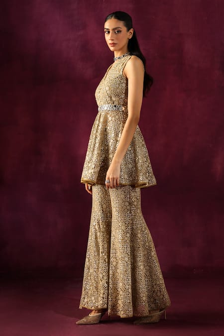 Twenty Nine Green Flannel Embroidery Lace Bootcut Pant Online at Aza Fashions Twenty Nine_Green Flannel Embroidery Lace Bootcut Pant _Online_at_Aza_Fashions