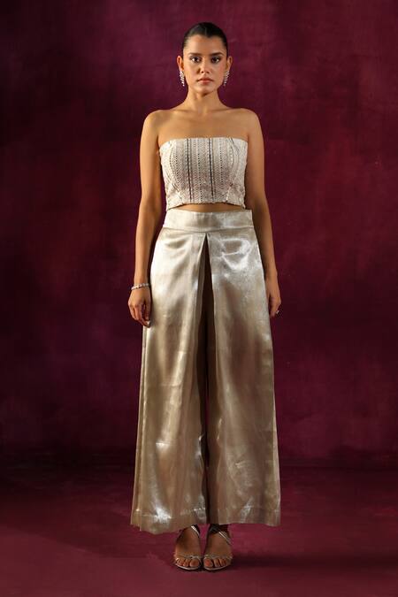 Twenty Nine Green Tissue Panelled Palazzo Online at Aza Fashions Twenty Nine_Green Tissue Panelled Palazzo _Online_at_Aza_Fashions