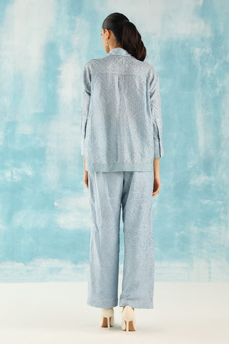 Shop Twenty Nine Blue Gingham Embroidery Crushed Bandhani Palazzo at Aza Fashions Shop_Twenty Nine_Blue Gingham Embroidery Crushed Bandhani Palazzo _at_Aza_Fashions