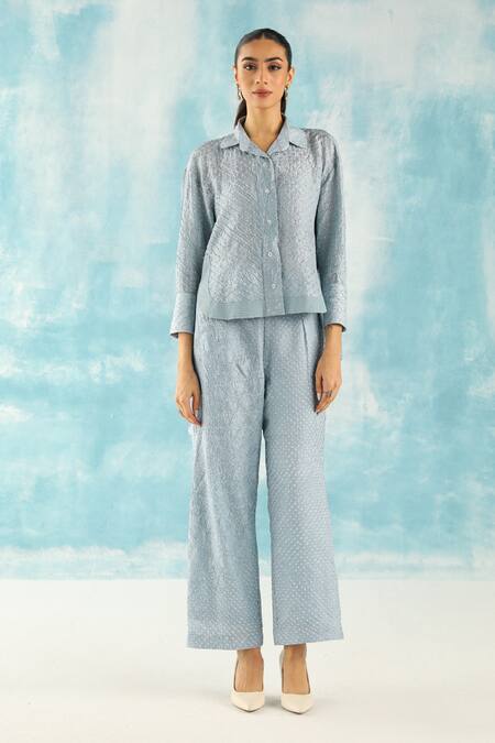 Twenty Nine Blue Gingham Embroidery Crushed Bandhani Palazzo Online at Aza Fashions Twenty Nine_Blue Gingham Embroidery Crushed Bandhani Palazzo _Online_at_Aza_Fashions