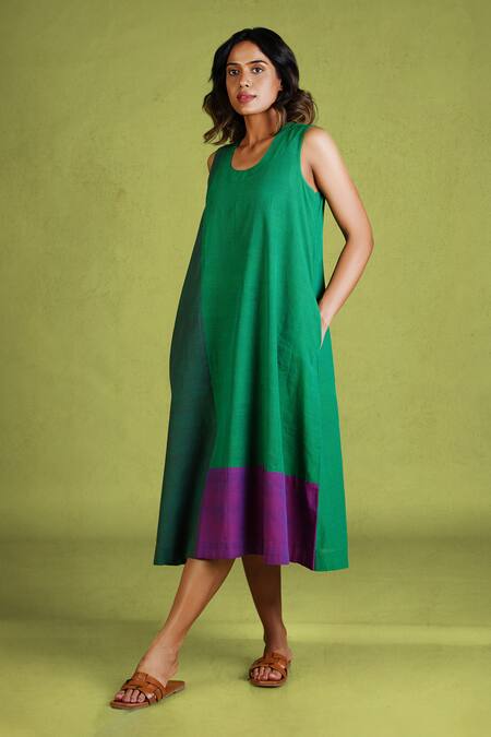 Mantra_Green Handloom , Round Neck, Symphony Colorblocked Checkered Dress _Online_at_Aza_Fashions