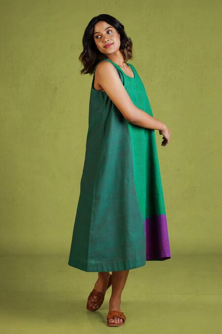 Buy_Mantra_Green Handloom , Round Neck, Symphony Colorblocked Checkered Dress _Online_at_Aza_Fashions