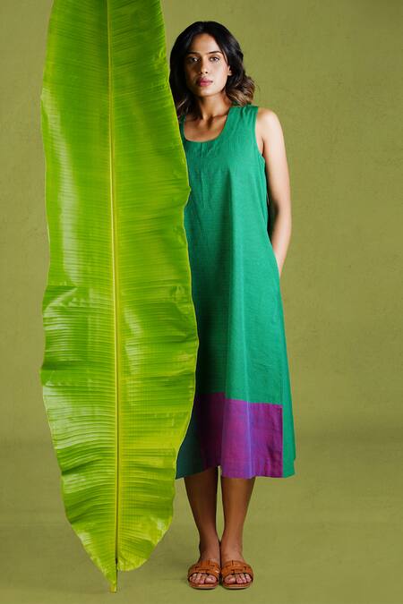 Shop_Mantra_Green Handloom , Round Neck, Symphony Colorblocked Checkered Dress _Online_at_Aza_Fashions