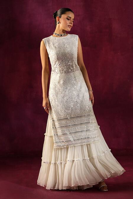 Buy Twenty Nine White Chiffon Beads, Sequins Embellished Layered Sharara Online at Aza Fashions Buy_Twenty Nine_White Chiffon Beads, Sequins Embellished Layered Sharara _Online_at_Aza_Fashions