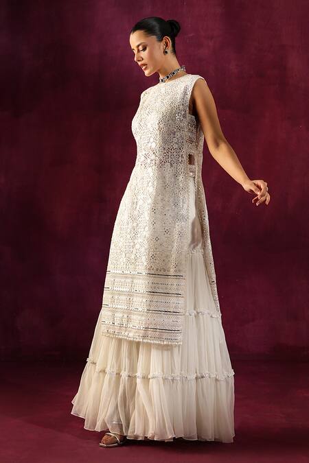 Twenty Nine White Chiffon Beads, Sequins Embellished Layered Sharara at Aza Fashions Twenty Nine_White Chiffon Beads, Sequins Embellished Layered Sharara _at_Aza_Fashions