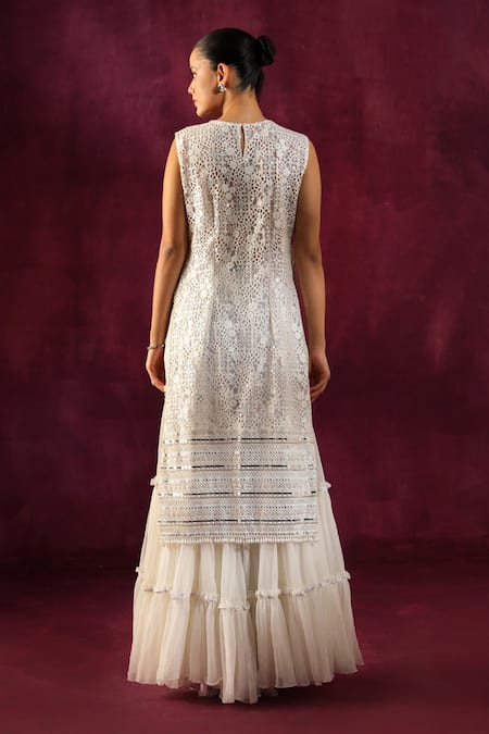 Shop Twenty Nine White Chiffon Beads, Sequins Embellished Layered Sharara at Aza Fashions Shop_Twenty Nine_White Chiffon Beads, Sequins Embellished Layered Sharara _at_Aza_Fashions