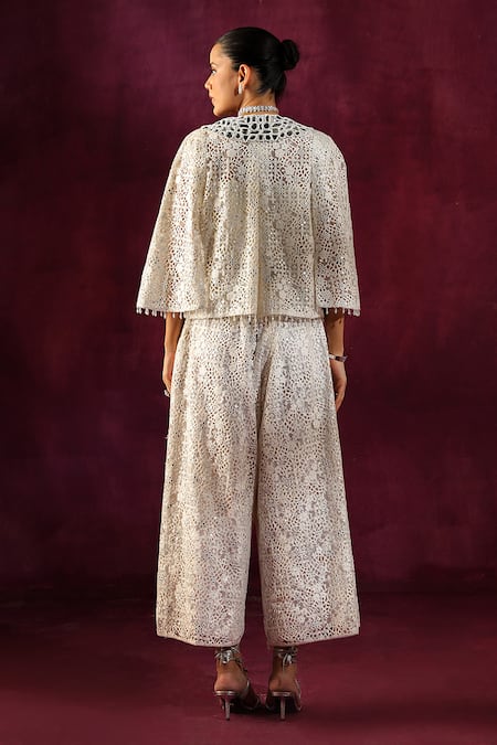 Shop Twenty Nine White Lace Mirrors Work Ankle Length Palazzo at Aza Fashions Shop_Twenty Nine_White Lace Mirrors Work Ankle Length Palazzo _at_Aza_Fashions