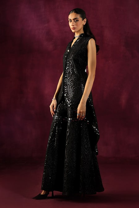 Buy Twenty Nine Black Georgette Mirrors Work Embellished Sharara Online at Aza Fashions Buy_Twenty Nine_Black Georgette Mirrors Work Embellished Sharara _Online_at_Aza_Fashions