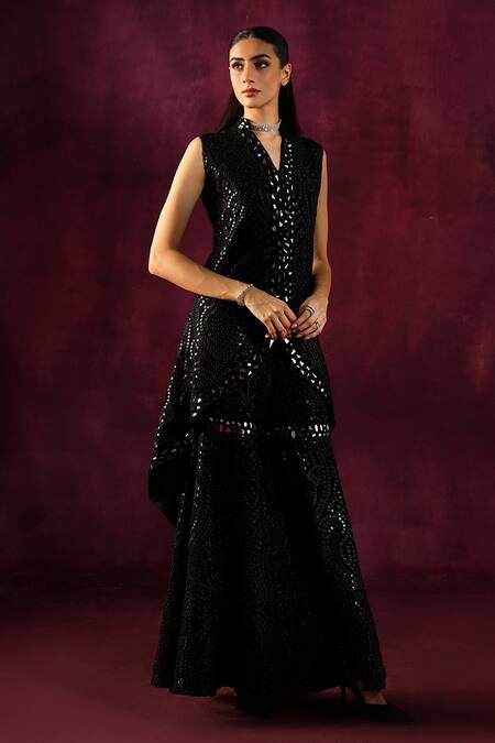 Shop Twenty Nine Black Georgette Mirrors Work Embellished Sharara Online at Aza Fashions Shop_Twenty Nine_Black Georgette Mirrors Work Embellished Sharara _Online_at_Aza_Fashions