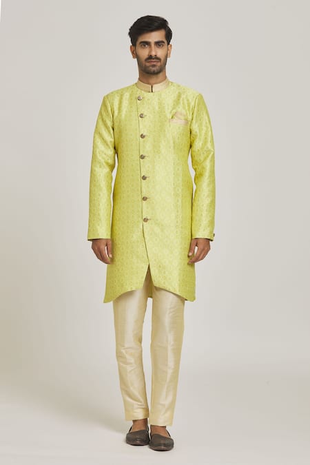 Buy_Arihant Rai Sinha_Green Brocade, Silk Embroidery Overlap Floral Pattern Sherwani And Pant Set _Online_at_Aza_Fashions