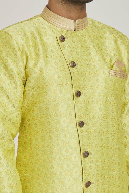 Shop_Arihant Rai Sinha_Green Brocade, Silk Embroidery Overlap Floral Pattern Sherwani And Pant Set _Online_at_Aza_Fashions
