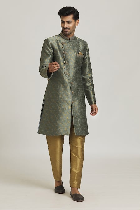 Shop_Arihant Rai Sinha_Grey Brocade, Silk Woven Floral Spring Sherwani With Pant _Online_at_Aza_Fashions
