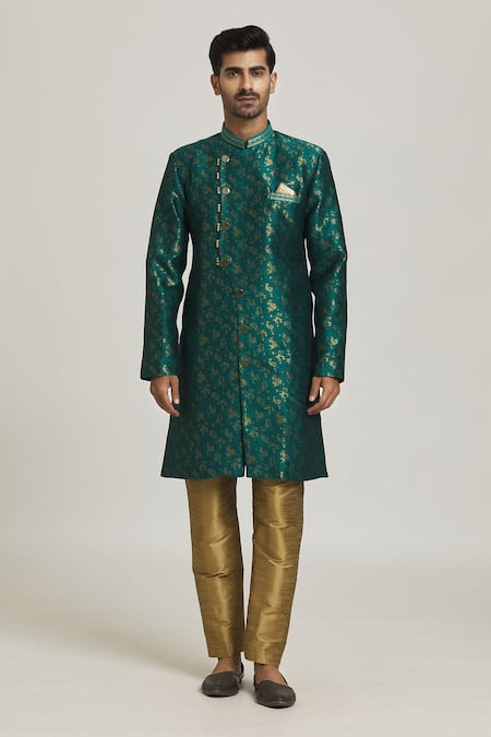 Arihant Rai Sinha Green Brocade, Silk Embroidery Floral Spring Woven Sherwani With Pant Online at Aza Fashions Arihant Rai Sinha_Green Brocade, Silk Embroidery Floral Spring Woven Sherwani With Pant_Online_at_Aza_Fashions