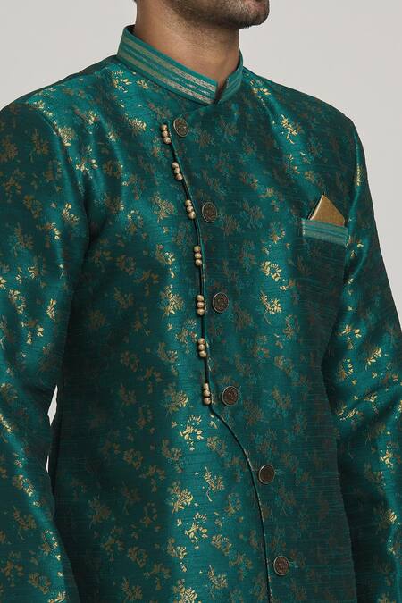Shop Arihant Rai Sinha Green Brocade, Silk Embroidery Floral Spring Woven Sherwani With Pant Online at Aza Fashions Shop_Arihant Rai Sinha_Green Brocade, Silk Embroidery Floral Spring Woven Sherwani With Pant_Online_at_Aza_Fashions