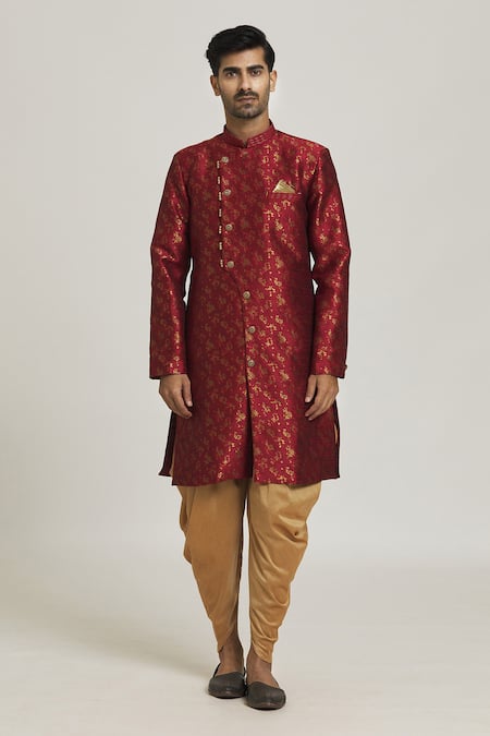 Arihant Rai Sinha Maroon Brocade, Silk Embroidery Woven Floral Bloom Sherwani With Pant Online at Aza Fashions Arihant Rai Sinha_Maroon Brocade, Silk Embroidery Woven Floral Bloom Sherwani With Pant _Online_at_Aza_Fashions