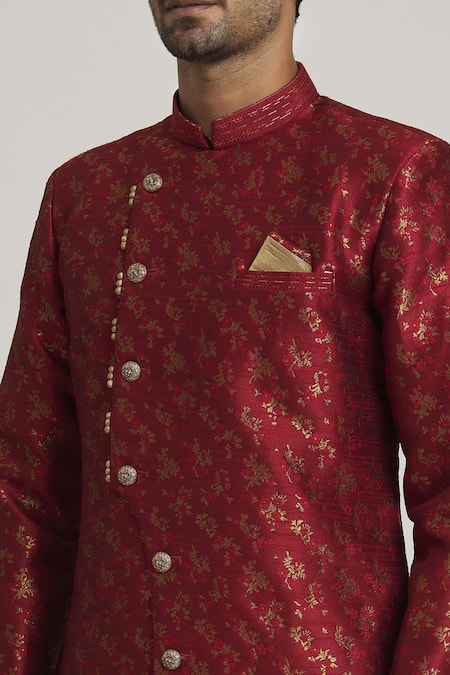 Shop Arihant Rai Sinha Maroon Brocade, Silk Embroidery Woven Floral Bloom Sherwani With Pant Online at Aza Fashions Shop_Arihant Rai Sinha_Maroon Brocade, Silk Embroidery Woven Floral Bloom Sherwani With Pant _Online_at_Aza_Fashions