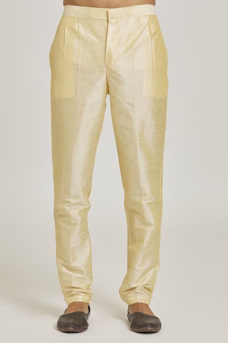 Arihant Rai Sinha_Beige Brocade, Silk Embroidery Floral Pattern Sherwani And Gold Pant Set _at_Aza_Fashions