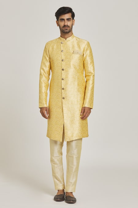 Arihant Rai Sinha_Beige Brocade, Silk Embroidery Floral Pattern Sherwani And Gold Pant Set _Online_at_Aza_Fashions