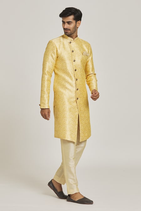 Buy_Arihant Rai Sinha_Beige Brocade, Silk Embroidery Floral Pattern Sherwani And Gold Pant Set _Online_at_Aza_Fashions