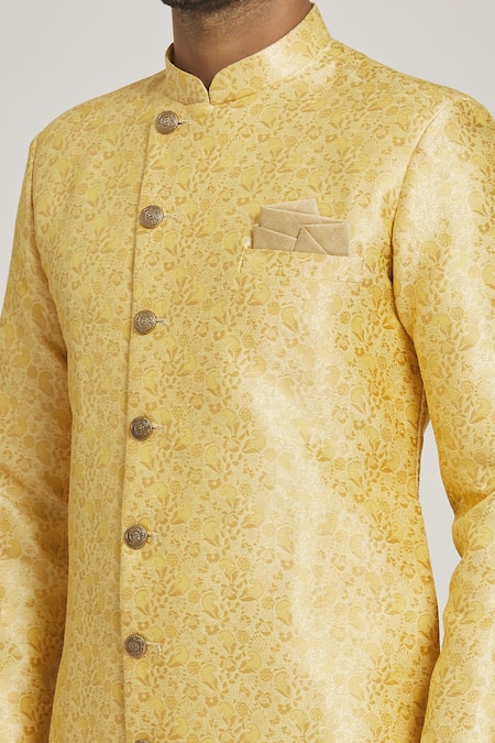 Shop_Arihant Rai Sinha_Beige Brocade, Silk Embroidery Floral Pattern Sherwani And Gold Pant Set _Online_at_Aza_Fashions