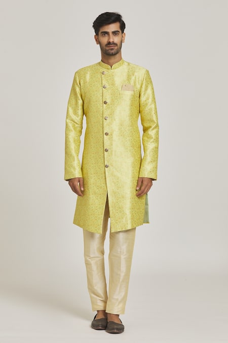 Arihant Rai Sinha_Green Brocade, Silk Embroidery Floral Pattern Sherwani And Metallic Pant Set _Online_at_Aza_Fashions