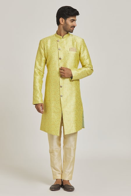 Buy_Arihant Rai Sinha_Green Brocade, Silk Embroidery Floral Pattern Sherwani And Metallic Pant Set _Online_at_Aza_Fashions