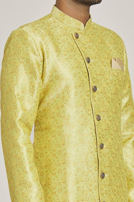 Shop_Arihant Rai Sinha_Green Brocade, Silk Embroidery Floral Pattern Sherwani And Metallic Pant Set _Online_at_Aza_Fashions
