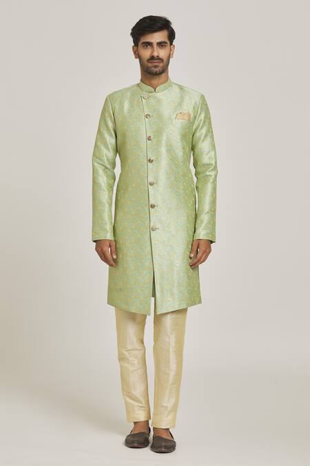 Arihant Rai Sinha Green Silk, Jacquard Floral Pattern Overlap Sherwani And Metallic Pant Set Online at Aza Fashions Arihant Rai Sinha_Green Silk, Jacquard Floral Pattern Overlap Sherwani And Metallic Pant Set_Online_at_Aza_Fashions