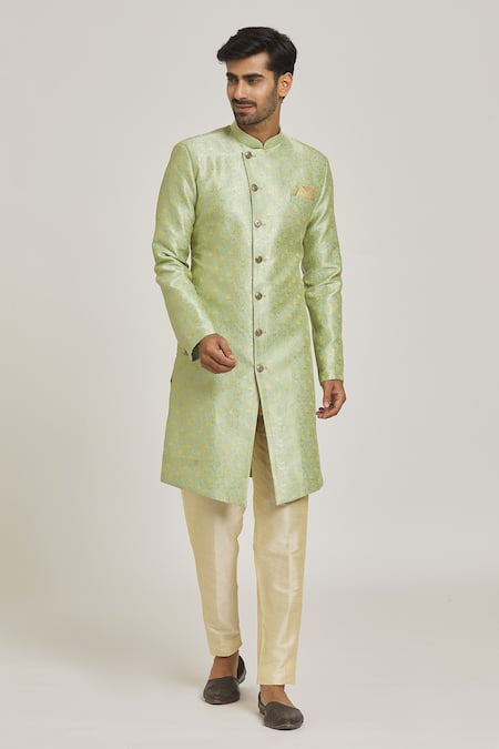 Buy Arihant Rai Sinha Green Silk, Jacquard Floral Pattern Overlap Sherwani And Metallic Pant Set Online at Aza Fashions Buy_Arihant Rai Sinha_Green Silk, Jacquard Floral Pattern Overlap Sherwani And Metallic Pant Set_Online_at_Aza_Fashions
