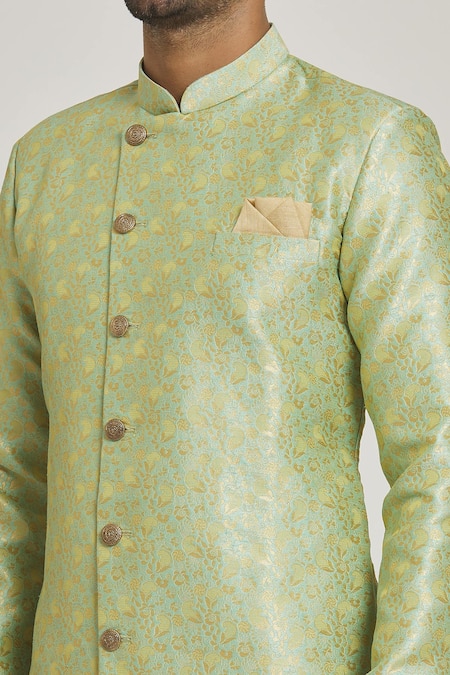 Shop Arihant Rai Sinha Green Silk, Jacquard Floral Pattern Overlap Sherwani And Metallic Pant Set Online at Aza Fashions Shop_Arihant Rai Sinha_Green Silk, Jacquard Floral Pattern Overlap Sherwani And Metallic Pant Set_Online_at_Aza_Fashions