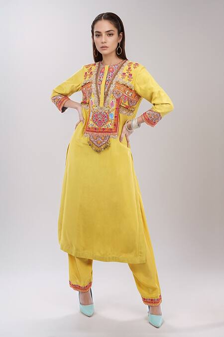 Debyani + CO_Yellow Cotton Embroidery, Sequins, Tassels Round Neck Kurta And Pant Set _at_Aza_Fashions