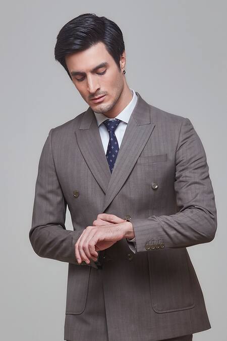 Buy_Sven Suits_Grey Wool, Cotton Pinstripe Pattern Blazer And Pant Set _Online_at_Aza_Fashions